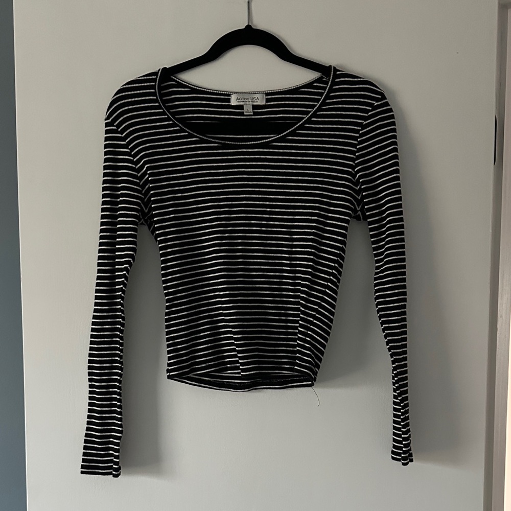 Active USA Black and White Striped Long Sleeve Tee